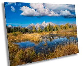 Puede incluir: Una fotografía de paisaje que presenta una cordillera reflejada en un cuerpo de agua tranquilo. Las montañas están cubiertas de nieve y el agua es de un azul claro. El cielo es de un azul brillante con nubes blancas y esponjosas. En primer plano se ven hierbas altas y árboles.
