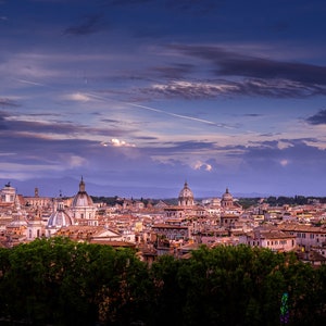 Rome Print - A photograph of the Rome skyline at dusk. Available in Canvas, Metal, Acrylic.