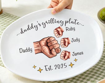 Personalized Daddy's Grilling Plate with Kids Names,Custom Fist Bump Grill Platter,Father's Day Gift for Dad & Grandpa,BBQ Decorative Plate