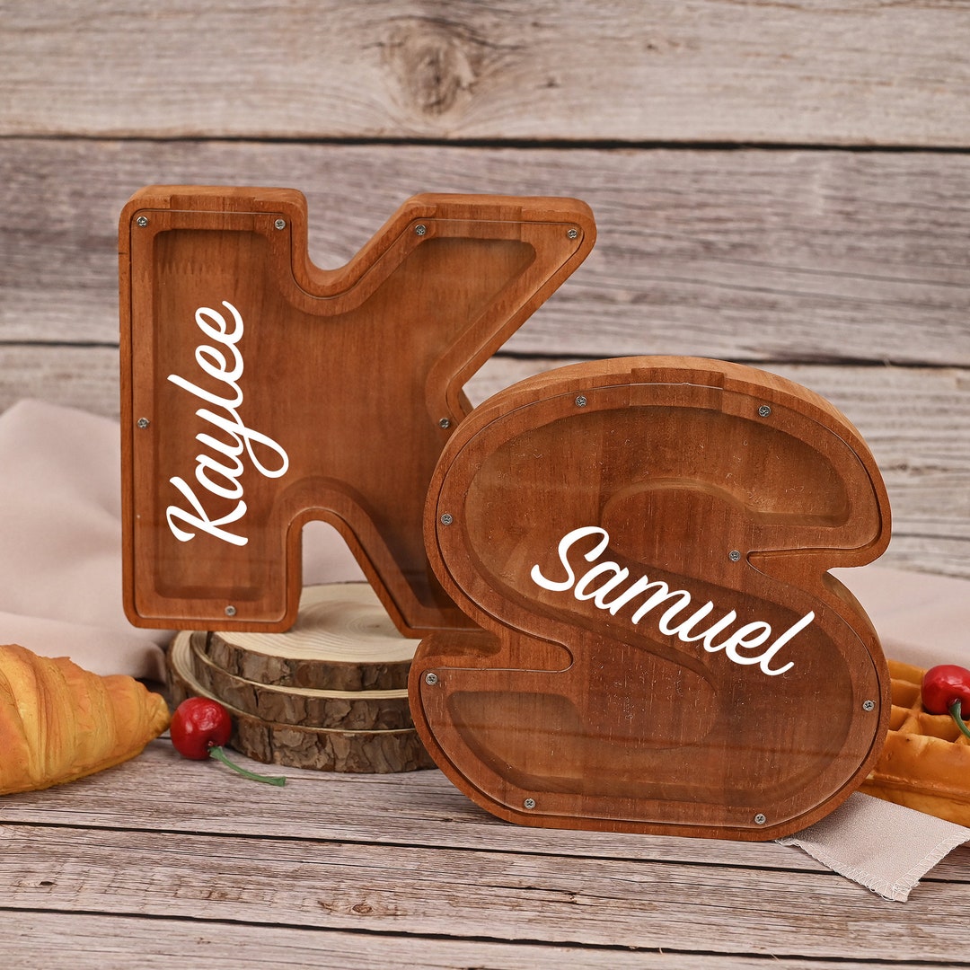 Personalized Letter Piggy Bank, Custom Initial Coin Bank, Wooden Name