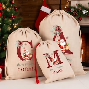 Personalised Christmas Santa Sacks, Custom Christmas Sacks, Name Initial Xmas Stocking, Christmas Present Gift Bag For Family, Holiday Gifts