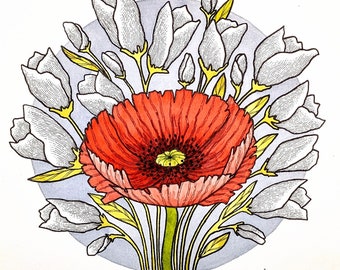 Watercolor bouquet with poppy: original artwork