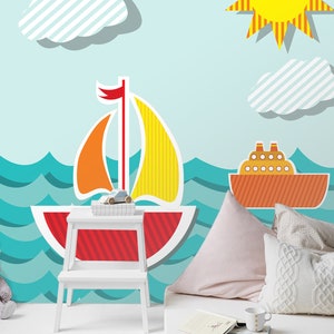 3D Cartoon Boten Kid's Room L2436 Commerciële Verwijderbare Wallpaper Zelfklevende Wallpaper Peel & Stick Wallpaper Muurschildering AJSTOREArt