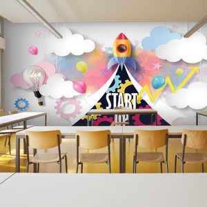 3D Cartoon Rocket L1587 Commercieel verwijderbaar behang Zelfklevend Behang Peel & Stick Wallpaper Muurschildering AJSTOREArt