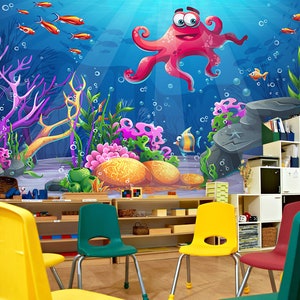 3D Cartoon Oktopus Tier L1584 kommerzielle abnehmbare Tapete Selbstklebende Tapete Peel & Stick Tapete Tapete Wandbild AJSTOREArt