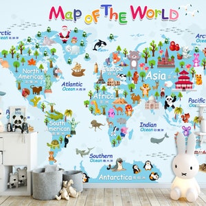3D Cartoon Blau Weltkarte Kinderzimmer L2430 kommerzielle abnehmbare Tapete Selbstklebende Tapete Peel & Stick Tapete Wandbild AJSTOREArt