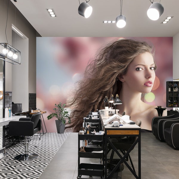 3D Délicate Fille L15704 Coupe de Cheveux Salon Barbier Boutique Commercial Amovible Papier peint Auto-adhésif Peel & Stick Wallpaper Mural AJSTOREArt