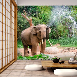 3D Happy Elephant Animal L122 Carta da parati rimovibile Carta da parati autoadesiva Extra Large Peel & Stick Wallpaper Wallpaper Mural AJSTOREArt
