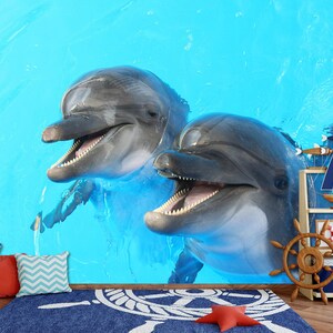3D Due delfini felici L8835 Animale Carta da parati rimovibile Carta da parati autoadesiva Carta da parati Extra Large Peel & Stick Wallpaper Wallpaper Mural AJSTOREArt