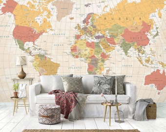 3D Pastel Colored World Map Living Room L3001 Commercial Removable Wallpaper Self Adhesive Wallpaper Peel & Stick Wallpaper Mural AJSTOREArt