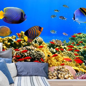 May include: A colorful underwater scene with a variety of tropical fish swimming around coral reefs. The fish are bright yellow, orange, blue, and red. The coral reefs are a mix of brown, green, and yellow.