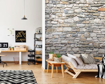 May include: A living room with a stone wall accent wall, a wooden couch with pillows, a small wooden table with plants, and a black and white patterned rug.