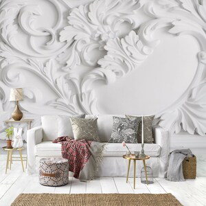 3D Art White Engraving Living Room L2999 Commercial Removable Wallpaper Self Adhesive Wallpaper Peel & Stick Wallpaper Mural AJSTOREArt