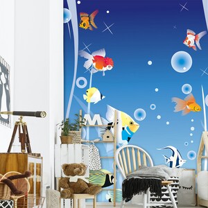 3D Cartoon Goldfisch Tier Kinderzimmer L2504 kommerzielle abnehmbare Tapete Selbstklebende Tapete Peel & Stick Tapete Wandbild AJSTOREArt