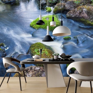 Op de afbeelding: Een eetkamer met een moderne tafel en stoelen tegen een achtergrond van een natuur scène met een stromende beek en mossige rotsen. De scène is gedrukt op een muurschildering, waardoor een serene en natuurlijke sfeer ontstaat.