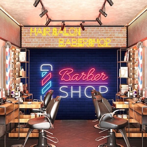 May include: A barber shop interior with two black leather barber chairs, a brick wall with a neon sign that reads "Barber Shop", and a neon barber pole sign.