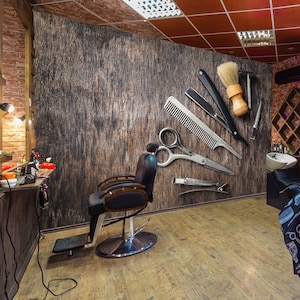 3D Elegante venatura del legno L15395 Taglio di capelli Salone Barbiere Negozio Carta da parati commerciale rimovibile Autoadesivo Peel & Stick Wallpaper Mural AJSTOREArt