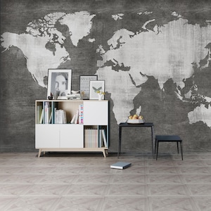 3D Gris Claro Mapa del Mundo Oficina en casa L2133 Papel pintado extraíble comercial Papel pintado autoadhesivo Peel & Stick Papel tapiz Mural AJSTOREArt