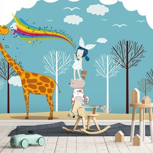3D Cartoon Giraffe Animal Kid es Room L2429 kommerzielle abnehmbare Tapete Selbstklebende Tapete Peel & Stick Tapete Wandbild AJSTOREArt