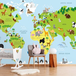 3D Weltkarte Tier Karte Kinderzimmer L2303 kommerzielle abnehmbare Tapete Selbstklebende Tapete Peel & Stick Tapete Wandbild AJSTOREArt