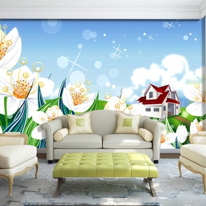 3D Cartoon Witte Bloemen L11067 Verwijderbaar Behang Zelfklevend Behang Extra Grote Peel & Stick Wallpaper Muurschildering AJSTOREArt