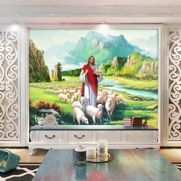 3D Religion Jesus And Sheep L690 Removable Wallpaper Self Adhesive Wallpaper Extra Large Peel & Stick Wallpaper Wallpaper Mural AJSTOREArt
