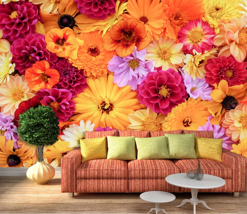 3D Warm Colored Flowers L7504 Removable Wallpaper Self Adhesive Wallpaper Extra Large Peel & Stick Wallpaper Wallpaper Mural AJSTOREArt image 1