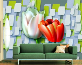 3D Two Art Tulips L11163 Removable Wallpaper Self Adhesive Wallpaper Extra Large Peel & Stick Wallpaper Wallpaper Mural AJSTOREArt