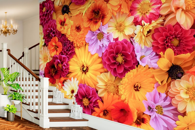 3D Warm Colored Flowers L7504 Removable Wallpaper Self Adhesive Wallpaper Extra Large Peel & Stick Wallpaper Wallpaper Mural AJSTOREArt image 2