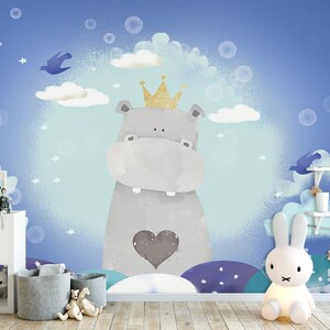 3D Cartoon Hippo Animal Kid's Room L2458 Commercieel verwijderbaar behang Zelfklevend Behang Peel & Stick Wallpaper Muurschildering AJSTOREArt