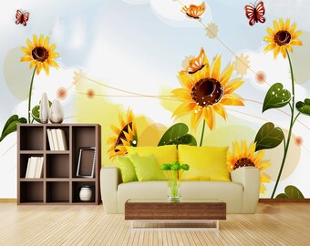 3D Sunflower Butterfly L11147 Animal Removable Wallpaper Self Adhesive Wallpaper Extra Large Peel & Stick Wallpaper Mural AJSTOREArt