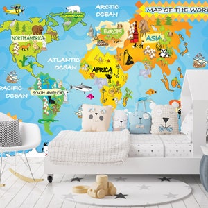 3D Cartoon Weltkarte Kinderzimmer L2316 kommerzielle abnehmbare Tapete Selbstklebende Tapete Peel & Stick Tapete Wandbild AJSTOREArt