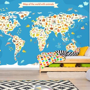 Mapa mundi 3d divertido animais quarto de criança l2304 papel de parede comercial removível papel de parede autoadesivo peel & stick mural ajstoreart