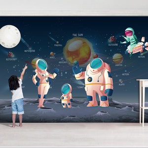 3D Cartoon Astronauten L18520 Verwijderbaar Behang Zelfklevend Behang Extra Grote Peel &Stick Wallpaper Wallpaper Mural AJSTOREArt