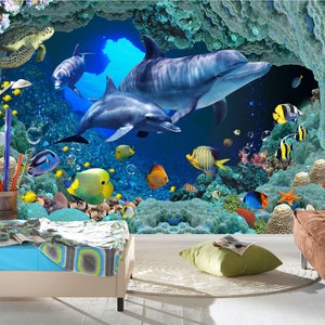 3D Animale Oceano Delfini Camera da letto L2792 Carta da parati commerciale rimovibile Carta da parati autoadesiva Peel & Stick Wallpaper Mural AJSTOREArt