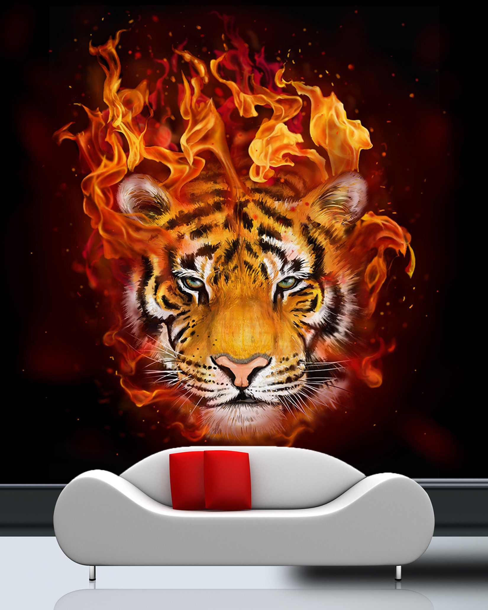 3D Fire and Tiger Animal L123 Removable Wallpaper Self Adhesive