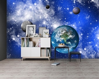 3D Blue Universe Planets Home Office L2166 Commercial Removable Wallpaper Self Adhesive Wallpaper Peel & Stick Wallpaper Mural AJSTOREArt