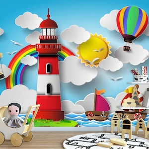 3D Cartoon Leuchtturm Kinderzimmer L2434 kommerzielle abnehmbare Tapete selbstklebend Tapete Peel & Stick Tapete Wandbild AJSTOREArt