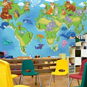 3D leuke cartoon dieren L9741 Wereldkaart verwijderbare wallpaper zelfklevende wallpaper extra grote peel & stick wallpaper muurschildering AJ