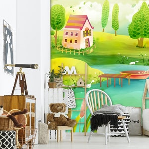 3D Vreedzame Cartoon World Kid's Room L2502 Commerciële Verwijderbare Wallpaper Zelfklevende Wallpaper Peel & Stick Wallpaper Mural AJSTOREArt