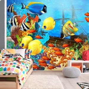 3D Leuke Cartoon Fish Kid's Room L2319 Commerciële Verwijderbare Wallpaper Zelfklevende Wallpaper Peel & Stick Wallpaper Mural AJSTOREArt