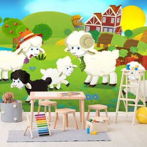 3D Cartoon Schaf Tierspiel Zentrum L1674 kommerzielle abnehmbare Tapete Selbstklebende Tapete Peel & Stick Tapete Wandbild AJSTOREArt