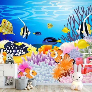 3D Cartoon Fisch Tier Kinderzimmer L2444 kommerzielle abnehmbare Tapete Selbstklebende Tapete Peel & Stick Tapete Wandbild AJSTOREArt