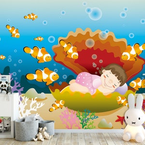 3D Cartoon Muschel Mädchen Kinderzimmer L2446 kommerzielle abnehmbare Tapete Selbstklebende Tapete Peel & Stick Tapete Wandbild AJSTOREArt