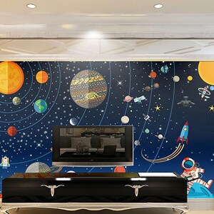 3D Cartoon Zonnestelsel L18512 Verwijderbaar Behang Zelfklevend Behang Extra Grote Peel &Stick Wallpaper Wallpaper Mural AJSTOREArt