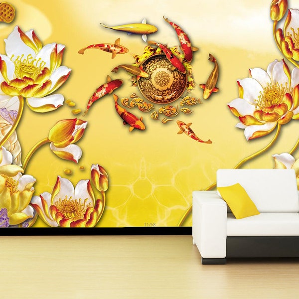 3D Animal Koi Blessing L12011 Removable Wallpaper Self Adhesive Wallpaper Extra Large Peel & Stick Wallpaper Wallpaper Mural AJSTOREArt