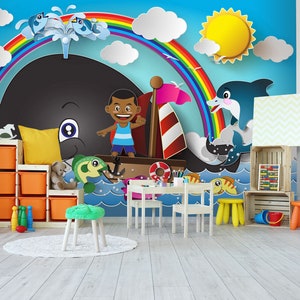 3D Cartoon Wal Tierspiel Zentrum L1673 kommerzielle abnehmbare Tapete Selbstklebende Tapete Peel & Stick Tapete Wandbild AJSTOREArt