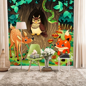 3D Forest Cartoon Dieren L11086 Verwijderbare Wallpaper Zelfklevend Behang Extra Grote Peel & Stick Wallpaper Muurschildering AJSTOREArt