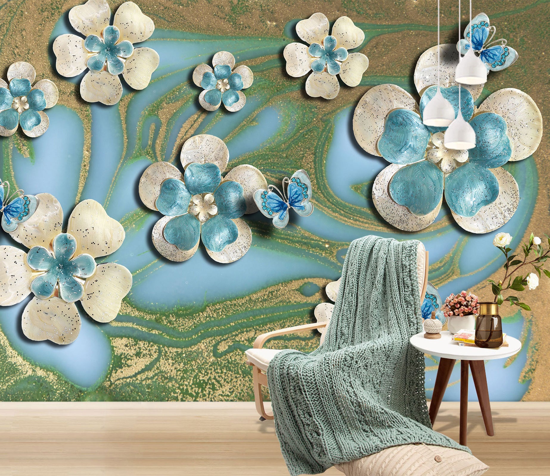 3D Metallic Blue Flowers L7508 Removable Wallpaper Self Adhesive