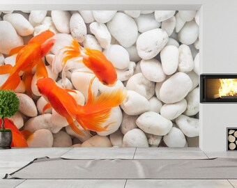 Könnte beinhalten: Vier orange-weiße Goldfische schwimmen in einem Aquarium mit weißen Kieselsteinen am Boden.